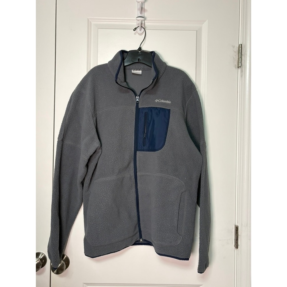Columbia Mens Full Zip Sherpa Fleece Jacket Grey Navy Blue Pocket L